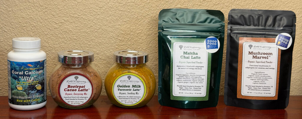 Premium health and wellness collection featuring Coral Calcium Ultra and Roots in Harmony organic latte mixes at Snug Harbor Productions.